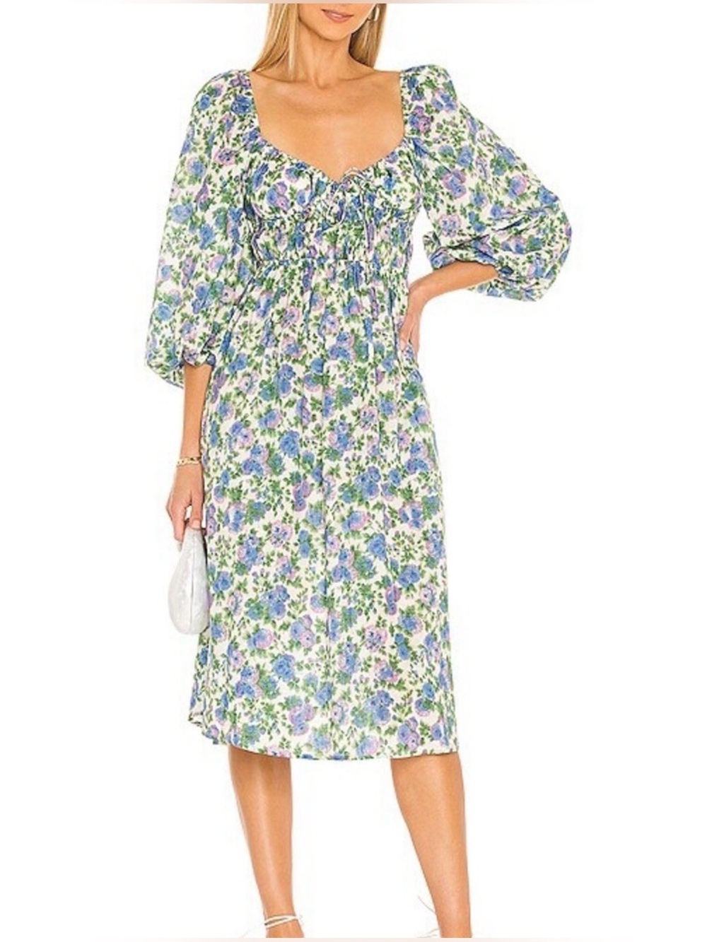 For Love & Lemons Bridget Wisteria Puff-Sleeve Midi Dress. Size M